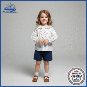 Korean Girls’ White Printed Puff-Sleeve Top