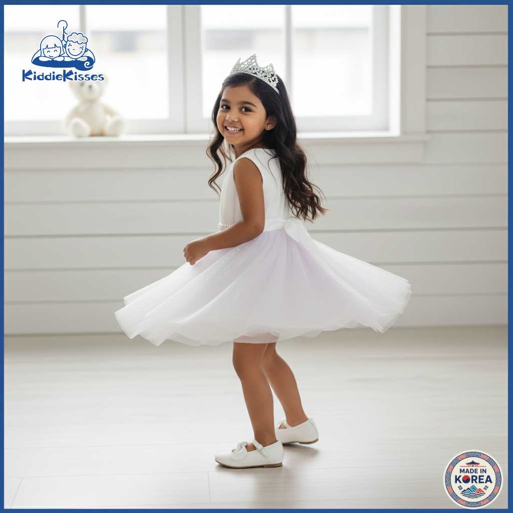 Korean Girls’ Light Purple Pearl Dress - Image 6