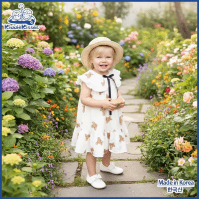 韓國女童白色熊仔連身裙